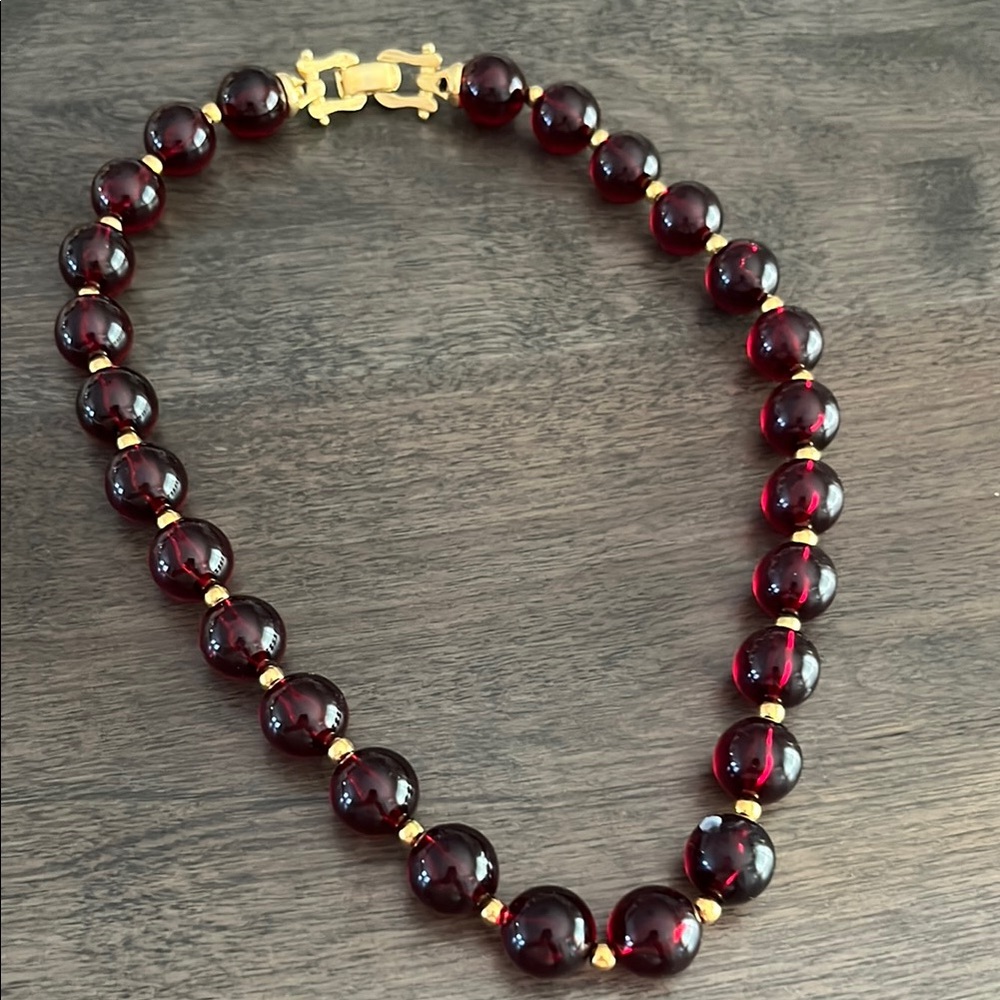 Classic Garnet Glass Bead Necklace with Gold Accents